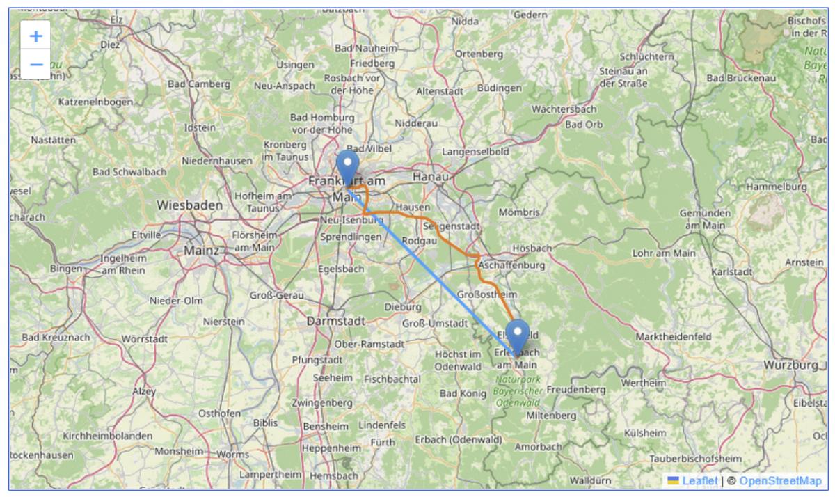 Eine Landkarte zeigt die Entfernung von Frankfurt am Main nach Erlenbach am Main als blaue Linie